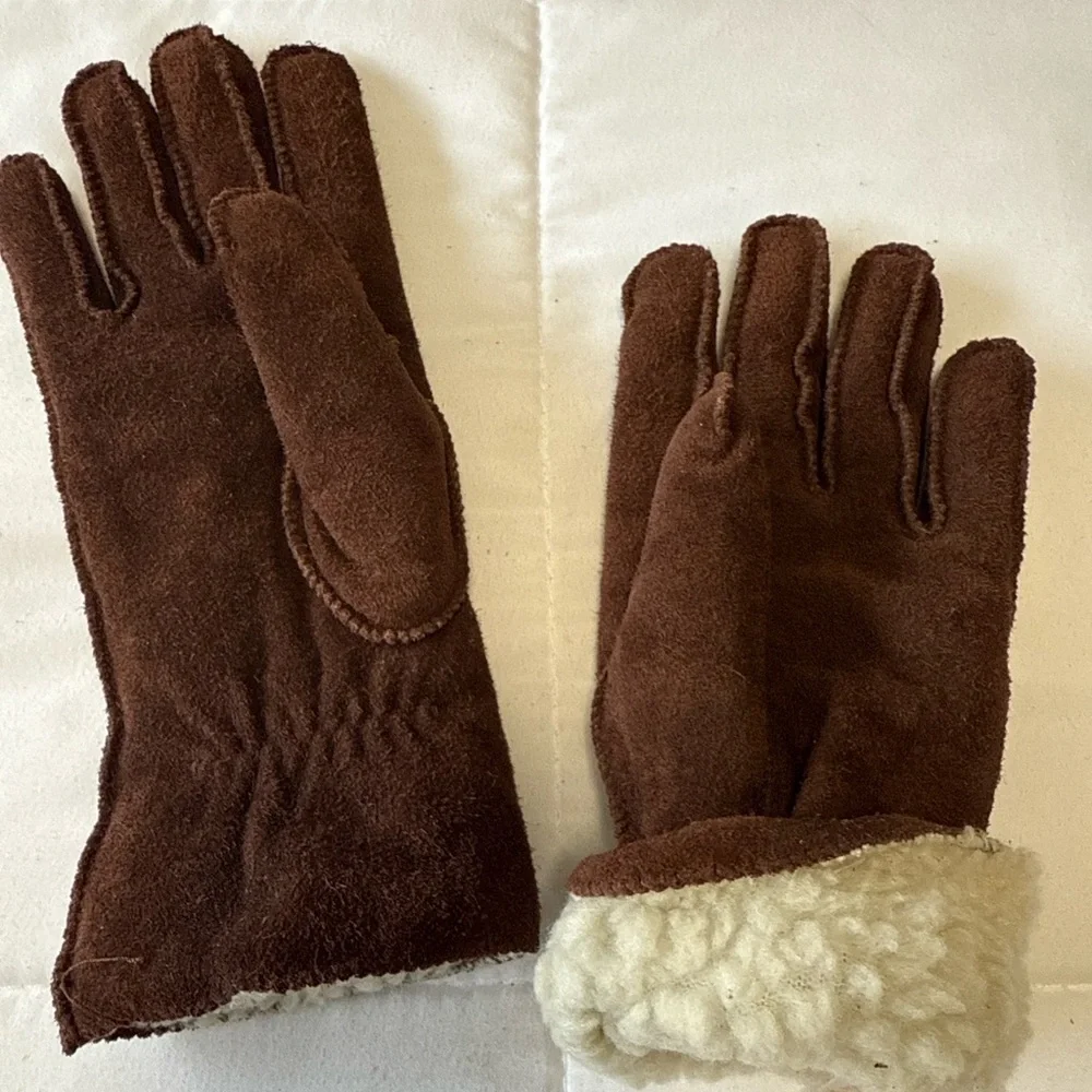 Brown genuine leather Suede Women's Gloves w/ shearling lining. S 6-6.5